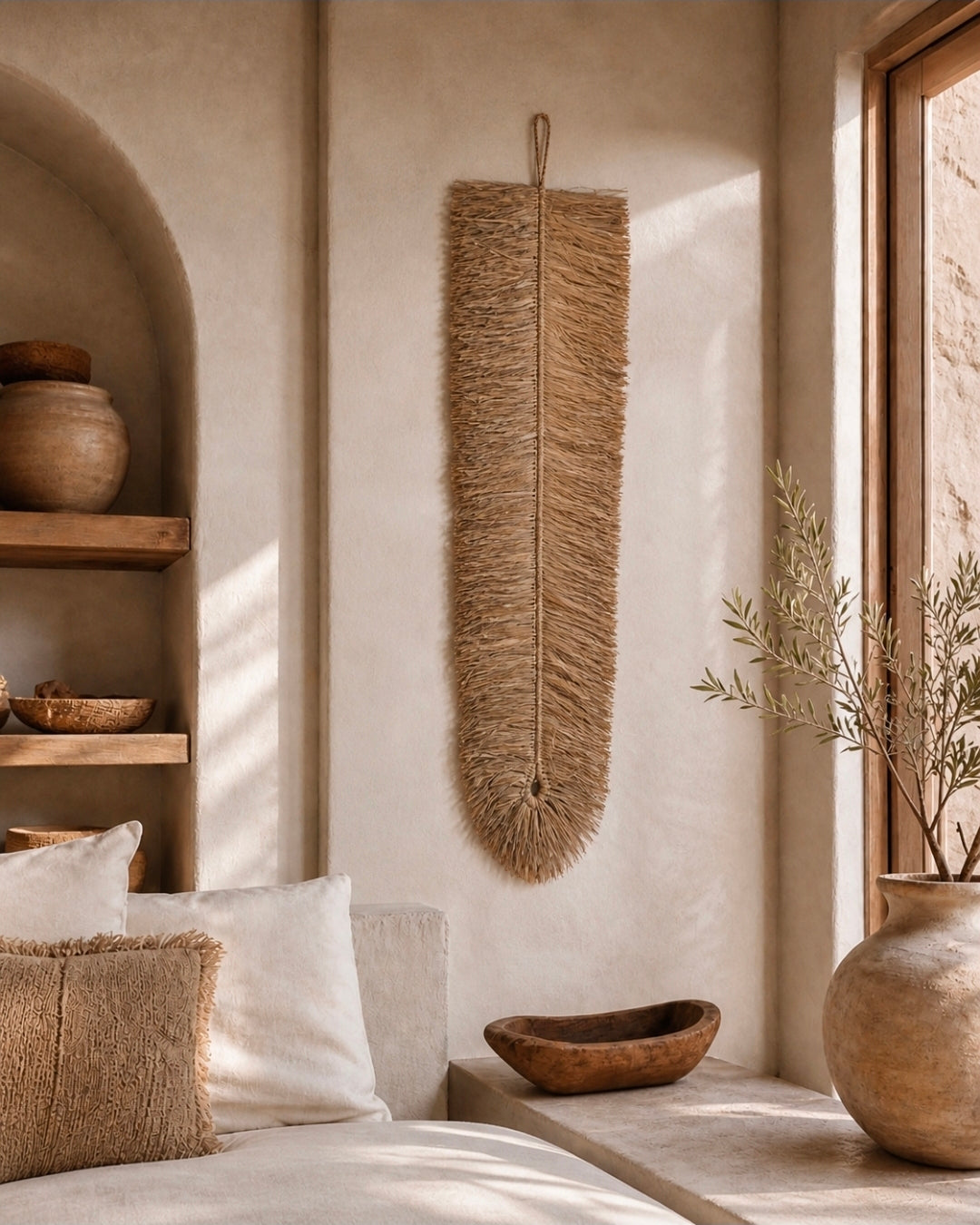 Naturel raffia wandhanger als sfeervolle wanddecoratie