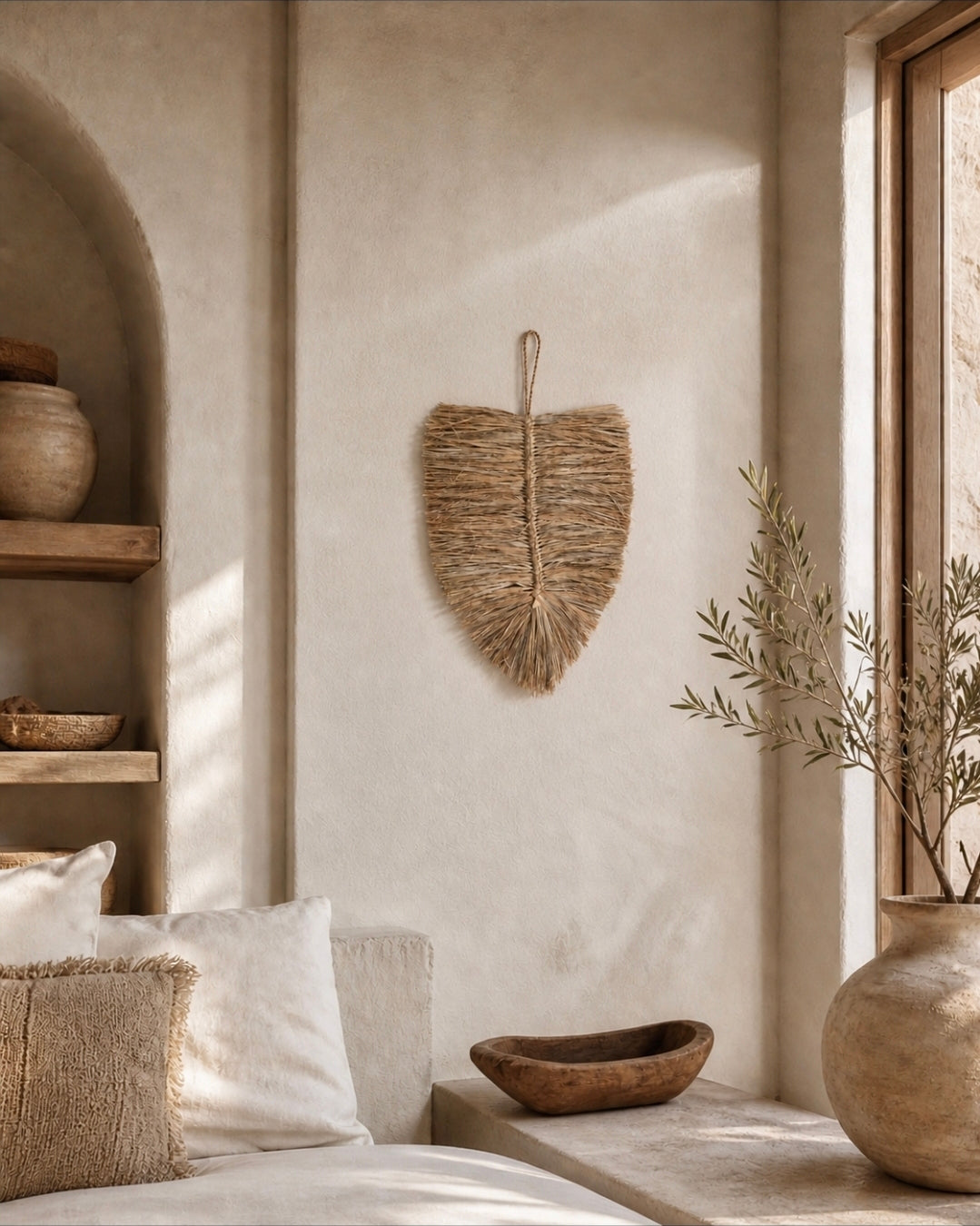 Handgemaakte raffia wandhanger naturel aan de muur