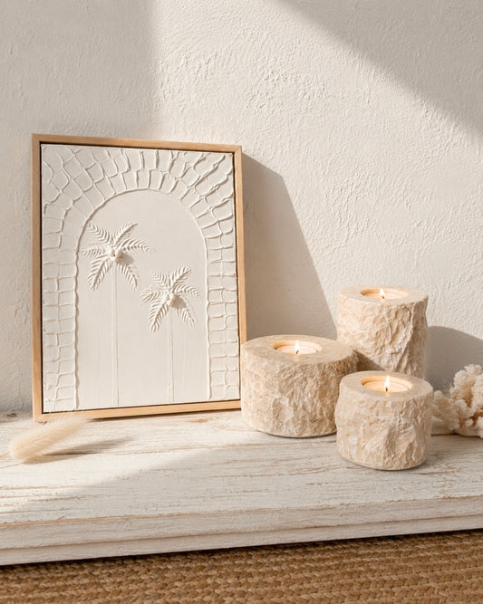 beige marmeren kaarsenhouderset naturel