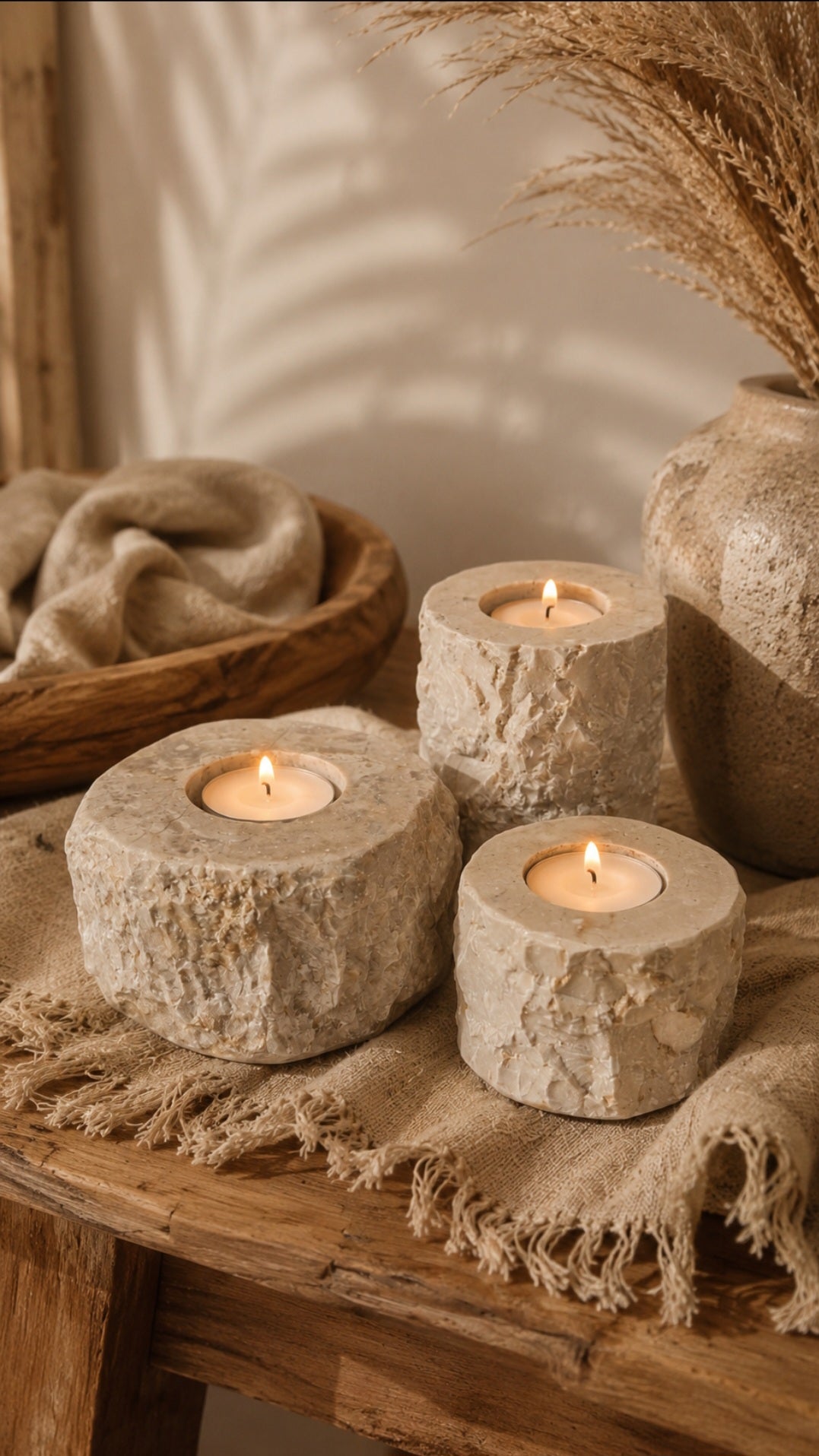 grof marmeren beige kaarsenhouderset sfeerlicht