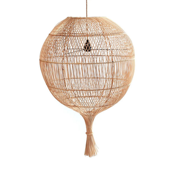 naturel gekleurde ronde hanglamp gemaakt van rotan 