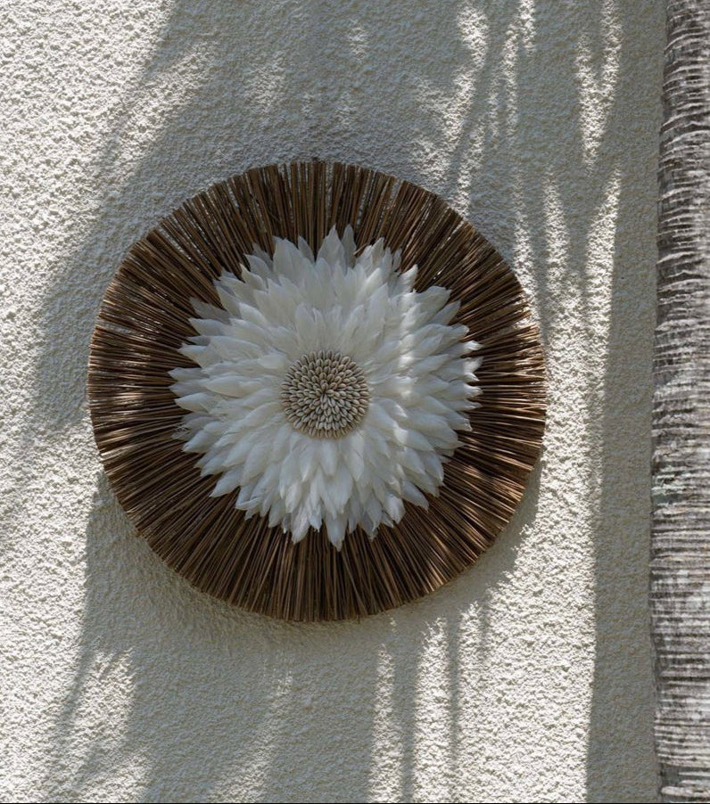 ronde wanddecoratie bohemian in beige en wit