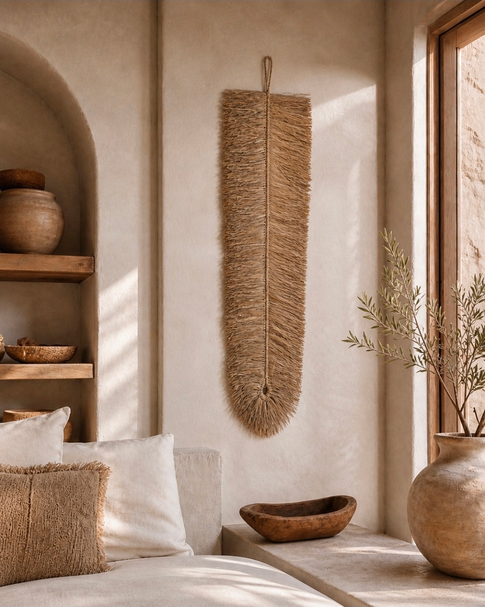 Naturel raffia wandhanger als sfeervolle wanddecoratie