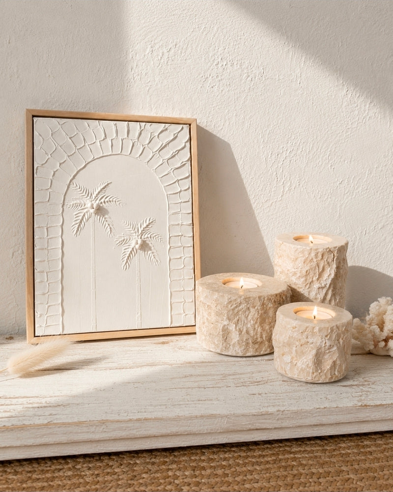 beige marmeren kaarsenhouderset naturel